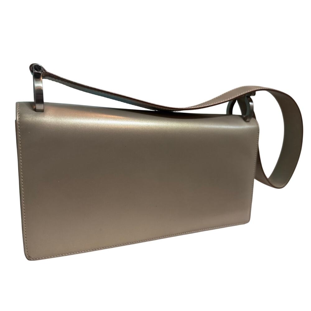 Auth Salvatore Ferragamo Smooth Champagne Gold Tan Gancini Shoulder Bag